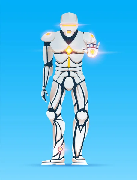 Stijlvolle Cyborg man. Humanoid Robot met kunstmatige intelligentie, AI. teken toont gebaren. Android man, futuristische vector illustratie in cartoon stijl. — Stockvector