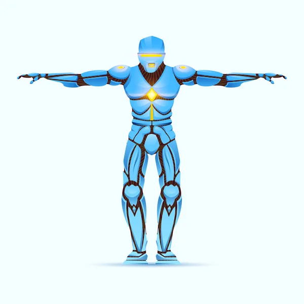 Un Cyborg con estilo. Robot humanoide con inteligencia artificial, IA. personaje muestra gestos. Android masculino, ilustración vectorial futurista en estilo de dibujos animados . — Vector de stock