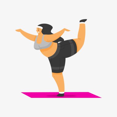 Fitness için yoga minderi. Kız artı beden. Kulüpte sağlık sporu. Şişman kadın egzersiz yapıyor, kilo veriyor, ısınıyor. Eğitimdeki sevimli kadın..