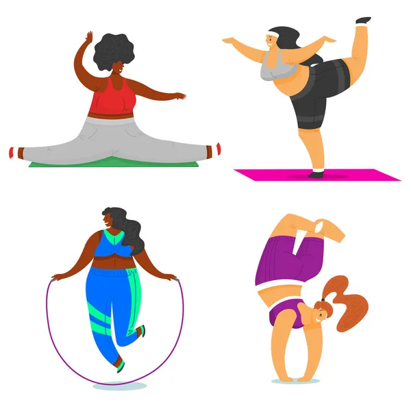 Fitness kızlar Plus Boyut. Kulüpte sağlık sporu. Şişman Kadın set egzersizleri yapıyor, kilo kaybeder, simülatör üzerinde çalışan, ısınma. Eğitim yoga sınıflarında poz, Sevimli kadın veya Full Body karakterleri. — Stok Vektör