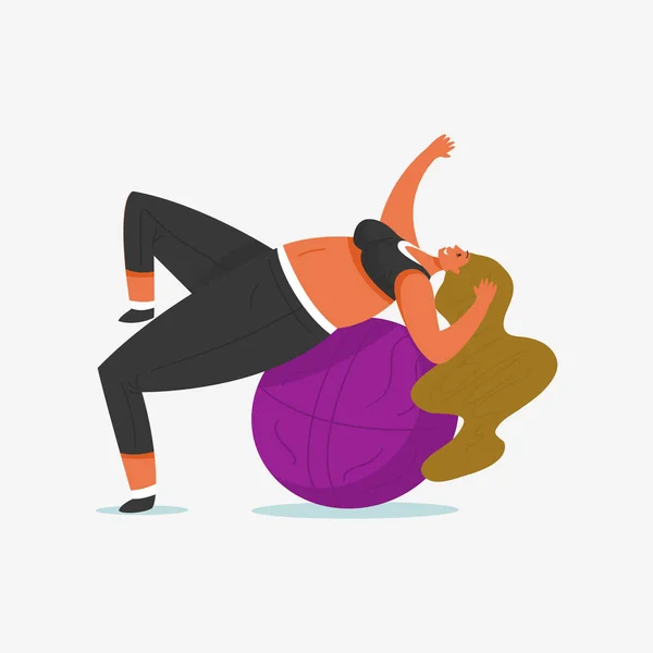 Girl Plus Size için fitness topu. Kulüpte sağlık sporu. Şişman Kadın egzersizler yapıyor, kilo kaybı, ısınma. Spor salonunda antrenman pozu. Sevimli kadın. — Stok Vektör