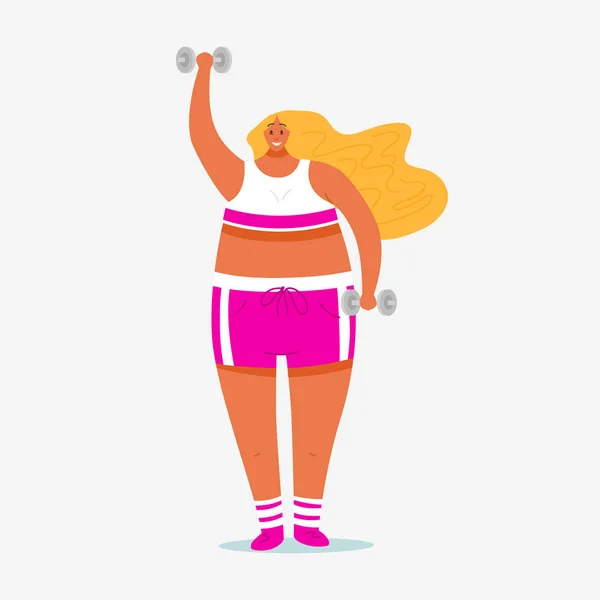 Fitness için Dumbbell. Kız artı boyutu. Kulüpte sağlık sporu. Şişman Kadın egzersizler yapıyor, kilo kaybı, ısınma. Spor salonunda kuvvet antrenmanı. Sevimli kadın. — Stok Vektör