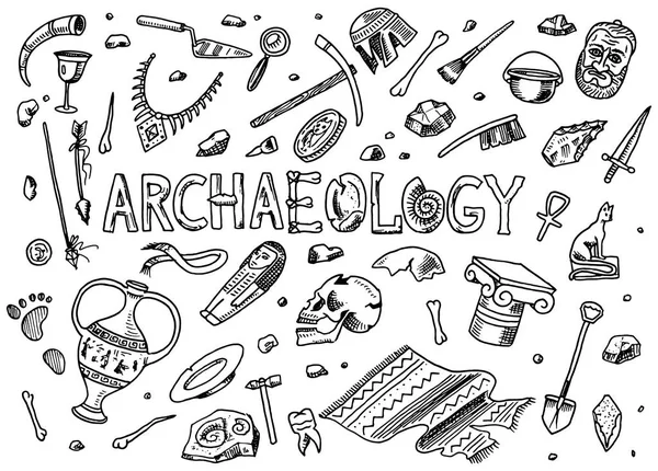 Ensemble d'outils archéologiques, équipement scientifique, artefacts. Des fossiles excavés et des os anciens. Dessin à la main style croquis Doodle . — Image vectorielle