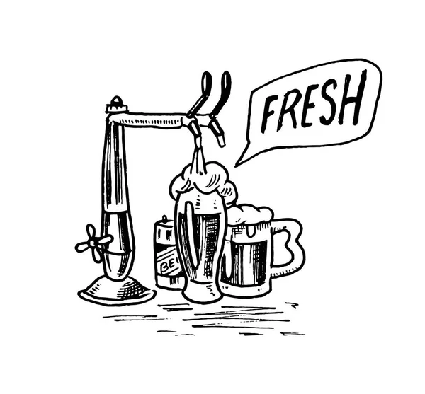 เบียร์แก้วในสไตล์วินเทจ ฉลากแอลกอฮอล์กับเค็กและเครน ป้ายอเมริกันคลาสสิกสําหรับป้ายโปสเตอร์ ตัวอักษรสเก็ตช์ที่วาดด้วยมือสําหรับเว็บเมนูผับ . — ภาพเวกเตอร์สต็อก