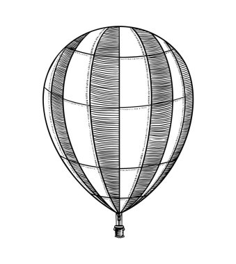 Klasik Sıcak Hava Balonu. Dekoratif elementli vektör geri uçuş zeplini. Romantik logo için şablon nakli. Elle çizilmiş çizim.