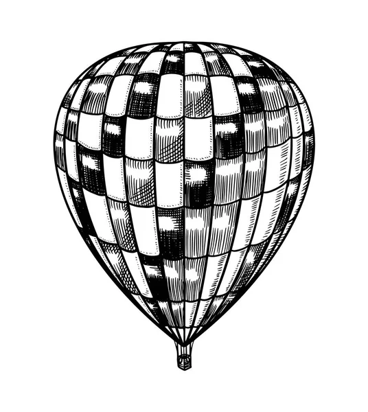 Ballon à air chaud vintage. Vecteur rétro dirigeable volant avec des éléments décoratifs. Modèle de transport pour logo romantique. Croquis gravé à la main. — Image vectorielle