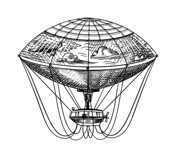 Vintage Heißluftballon. Vector Retro fliegendes Luftschiff mit dekorativen Elementen. Vorlage Transport für romantisches Logo. Handgezeichnete Gravierte Skizze. — Stockvektor