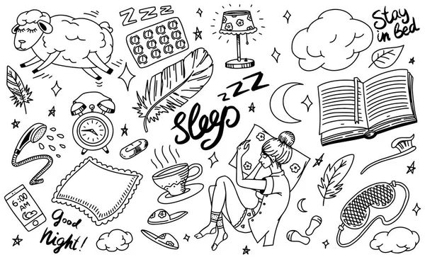 Sleep time concept. Hand drawn night background. Sheep Pillow, Girl in dream in bed, Clouds and feather, Clock Nightie, Moon and Tea. Set of doodle icons, signs. Vintage sketch. — Stock Vector