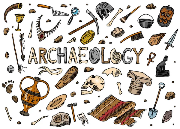 Eine Reihe von archäologischen Werkzeugen, wissenschaftlichen Geräten und Artefakten. Fossilien und antike Knochen ausgegraben. Handgezeichneter Doodle-Skizzenstil. — Stockvektor