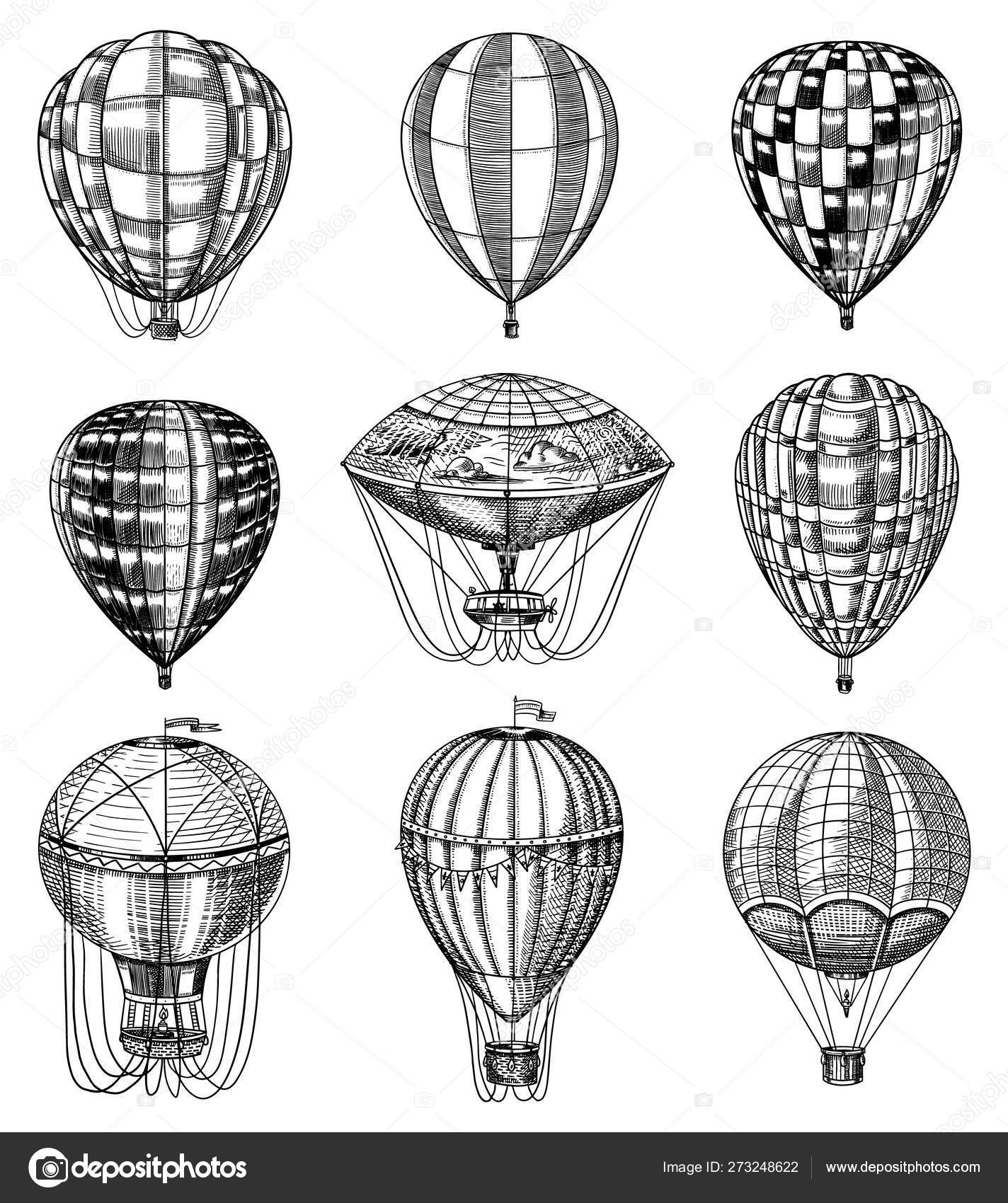 Set of Hot Air Balloons. Vector retro flying airships with decorative  elements. Template transport for Romantic logo. Hand drawn Engraved vintage  sketch. Stock Vector by ©ArthurBalitskiy 273248622, image size:1424x1700