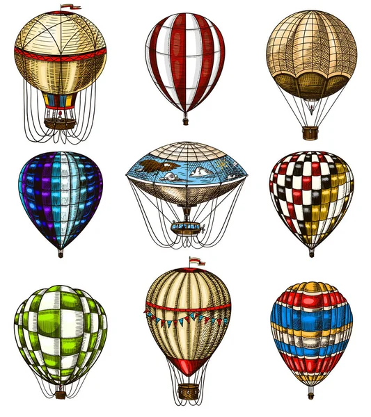 Set van hete lucht ballonnen. Vector retro vliegende luchtschepen met decoratieve elementen. Template transport voor romantisch logo. Hand getekende gegraveerde Vintage schets. — Stockvector