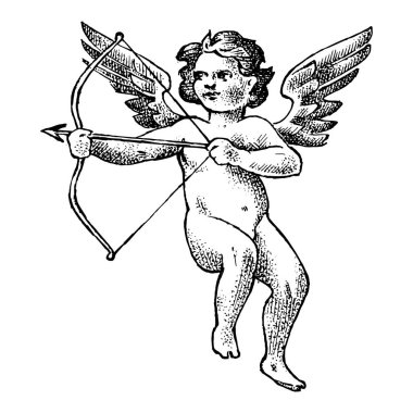Oklar ve yay ile sevimli melek. Gökyüzünde kanatları olan küçük estetik Cupids. Monokrom oylanmış tarzı çocuklar. Dövme veya logo için şablon. El çizilmiş Vintage kroki.