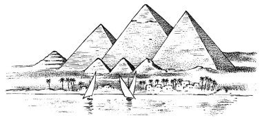 Antik dünyanın yedi harikası. Büyük Giza Piramidi. Yunanlılar 'ın büyük inşaatı. El çizilmiş oyma Vintage kroki.