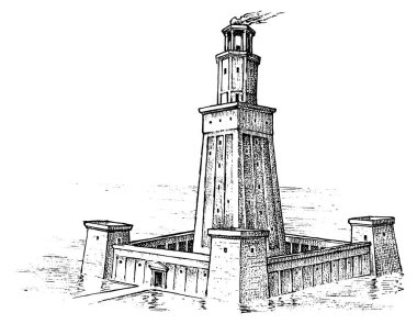 Antik dünyanın yedi harikası. Iskenderiye feneri. Yunanlılar 'ın büyük inşaatı. El çizilmiş oyma Vintage kroki.