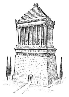 Antik dünyanın yedi harikası. Halicarnassus 'da Mozolesi Yunanlılar 'ın büyük inşaatı. El çizilmiş oyma Vintage kroki.
