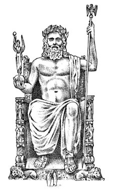 Antik dünyanın yedi harikası. Olympia 'da Zeus heykeli. Yunanlılar 'ın büyük inşaatı. El çizilmiş oyma Vintage kroki.