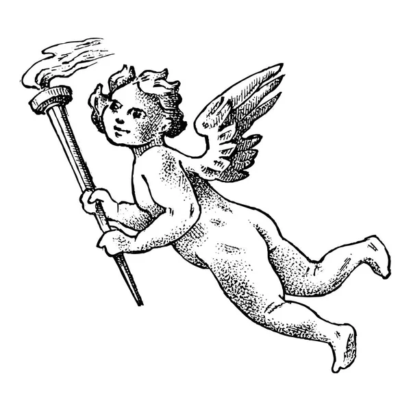 Aranyos angyal egy tüzes fáklyát. Kis esztétikus Cupid szárnyakkal repülni az égen. Gyermekek monokróm vésett stílusban. Sablon tetoválás vagy logó. Kézzel rajzolt Vintage vázlat. — Stock Vector
