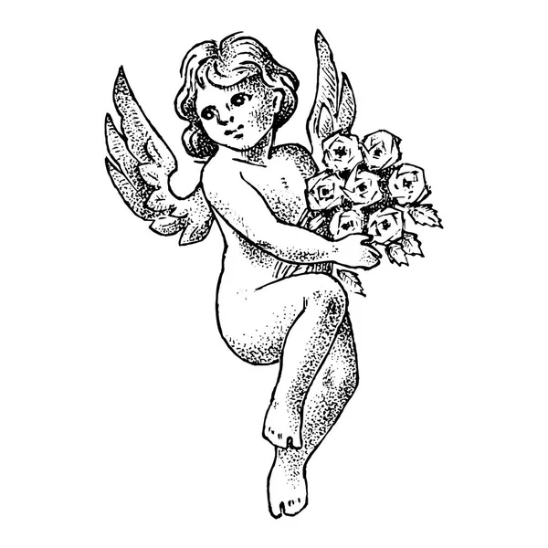 Anjo bonito com flores. Pequeno Cupido estético com asas voar no céu. Crianças em estilo Monocromático gravado. Modelo para tatuagem ou logotipo. Desenho vintage desenhado à mão . — Vetor de Stock