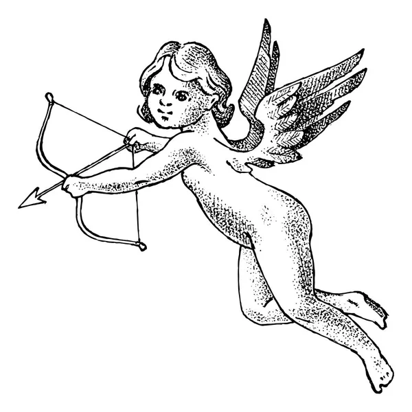 Malaikat imut dengan panah dan busur. Cupid estetika kecil dengan sayap terbang di langit. Anak-anak dengan gaya ukiran Monochrome. Templat untuk tato atau logo. Sketsa vintage gambar tangan . - Stok Vektor