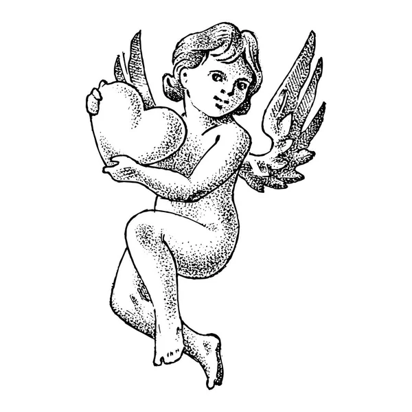 Anjo bonito com corações. Pequeno Cupido estético com asas voar no céu. Crianças em estilo Monocromático gravado. Modelo para tatuagem ou logotipo. Desenho vintage desenhado à mão . — Vetor de Stock