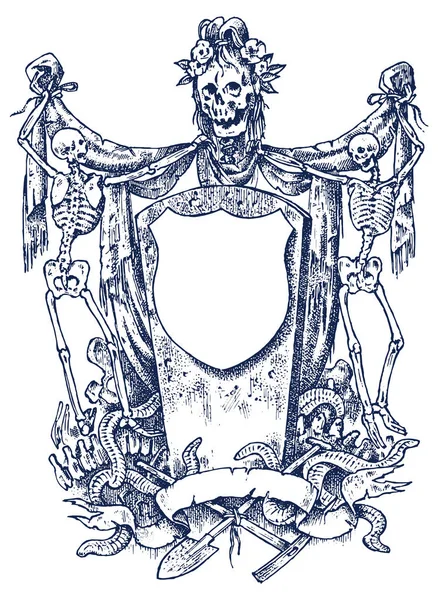 Middeleeuwse Vintage Wapenkunde. Ornament met kalligrafie elementen in barokstijl. Gegraveerde frame sjabloon. Decoratie voor de wapenschilden van een Fantasy Koninkrijk. Vector sketch hand getekend. — Stockvector