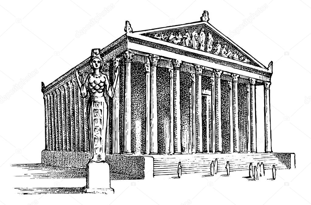 Seven Wonders of the Ancient World. Temple of Artemis at Ephesus. The great construction of the Greeks. Hand drawn engraved vintage sketch.