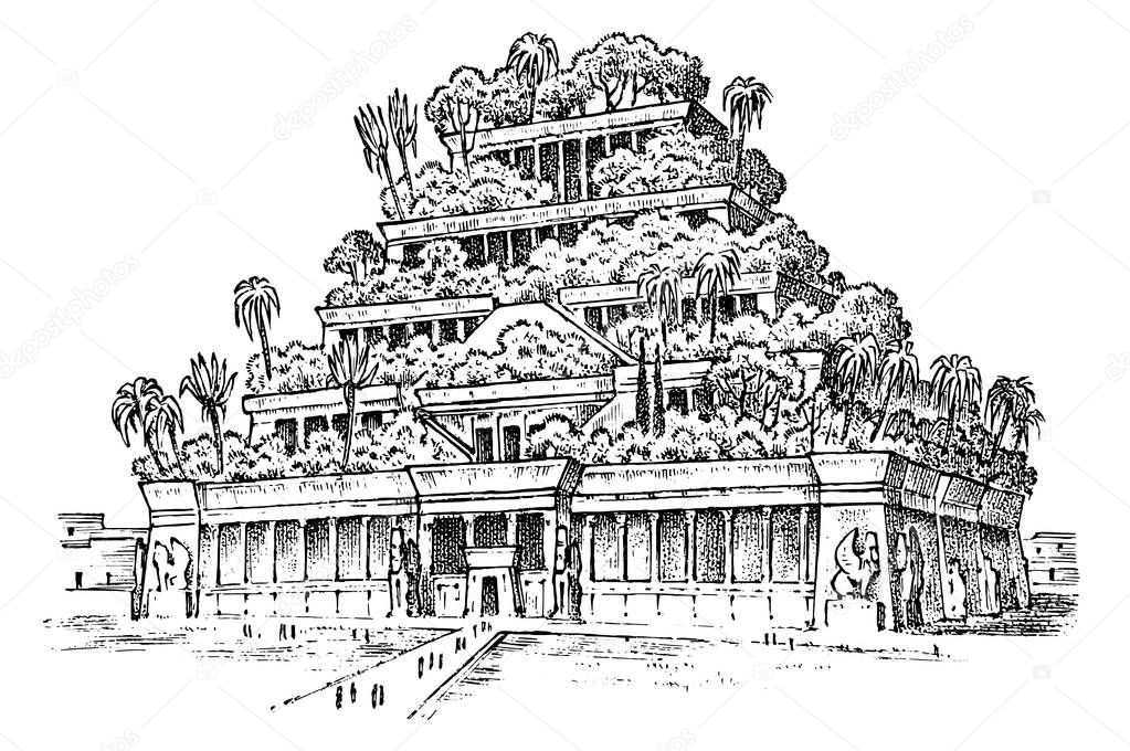 Seven Wonders of the Ancient World. Hanging Gardens of Babylon. The great construction of the Assyrians. Hand drawn engraved vintage sketch.