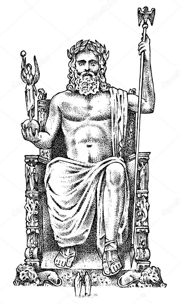 Seven Wonders of the Ancient World. Statue of Zeus at Olympia. The great construction of the Greeks. Hand drawn engraved vintage sketch.