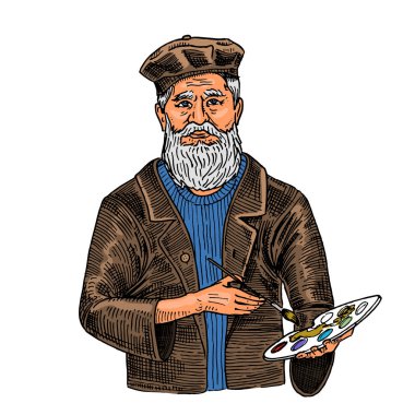 Boyalarla beyaz arka planda sakallı yaratıcı adam. Bir poster veya afiş için şapkalı sanatçı. Vintage tarzı sektch elle çizilmiş.