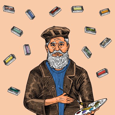 Boyalar ile renkli bir arka plan üzerinde sakallı yaratıcı adam. Bir poster veya afiş için şapkalı sanatçı. Vintage tarzı sektch elle çizilmiş.