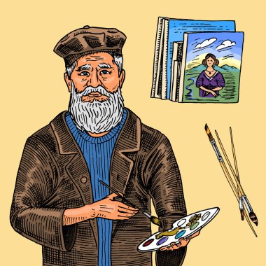 Sanat salonunda çizim için sanatçının araç ve gereçleri. Şelat, boyalar, resimler, fırçalar, kalemler. Zanaat yaratıcı insanlar. Doodle tarzında ekipman. Oyulmuş el çizimi.