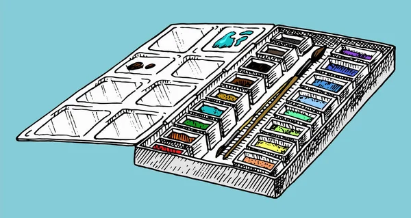 Färgpalett. Verktyg och material av konstnären för teckning i Konstsalongen. Skapa kreativa människor. Graverad handritad skiss i Doodle Style. — Stock vektor