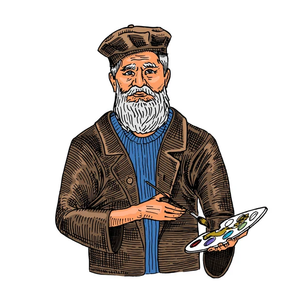 Boyalarla beyaz arka planda sakallı yaratıcı adam. Bir poster veya afiş için şapkalı sanatçı. Vintage tarzı sektch elle çizilmiş.