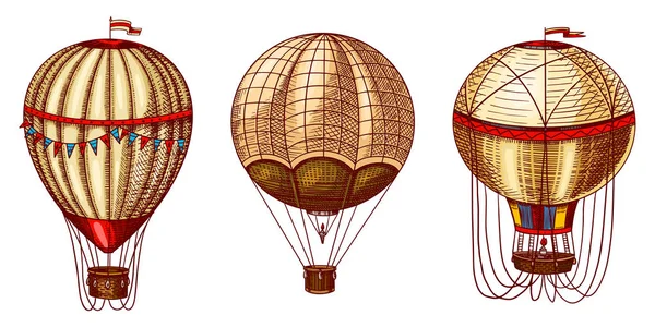 Heißluftballons. Vektorretro fliegende Luftschiffe mit dekorativen Elementen. Vorlage Transport für romantisches Logo. handgezeichnete gestochene Vintage-Skizze. — Stockvektor