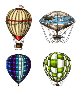 Sıcak Hava Balonları. Dekoratif elemanları ile Vektör retro uçan airships. Romantik logo için şablon taşıma. El çizilmiş Oyma vintage kroki.