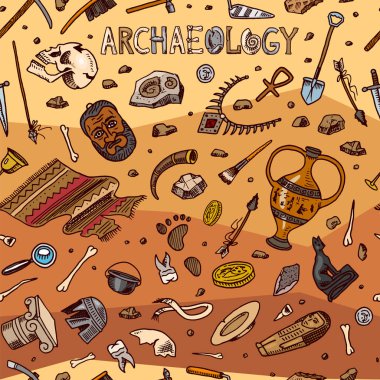 Arkeoloji sorunsuz desen. Araçlar ve bilim ekipmanları, vintage tarzda eserler. Turuncu bir arka plan üzerinde kazılan fosiller ve antik kemikler. El çizilmiş Karalama çizimi. 