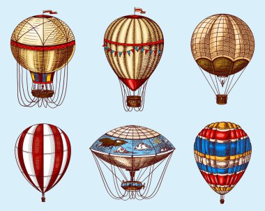 Mavi arka planda Sıcak Hava Balonları. Dekoratif elemanları ile Vektör retro uçan airships. Romantik logo için şablon taşıma. El çizilmiş Oyma vintage kroki.