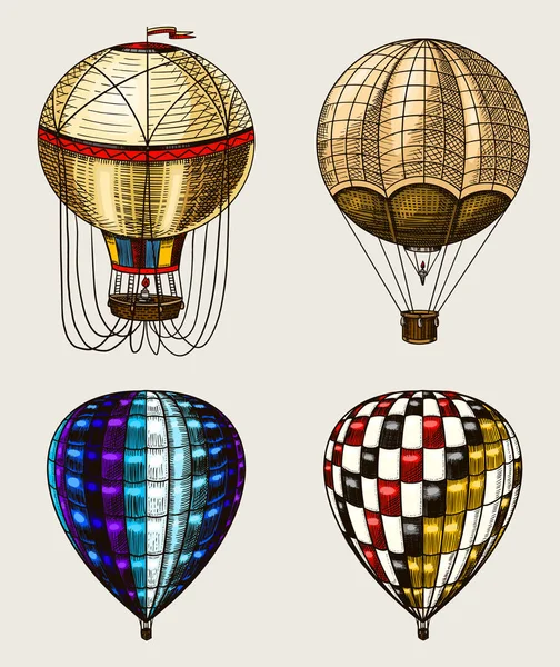 Retro Hot Air Balloons. Vector flying airships with decorative elements. Template transport for Romantic logo. Hand drawn Engraved vintage sketch. — Stock Vector