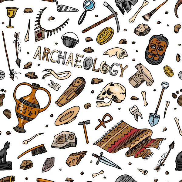 Archéologie motif sans couture. Outils et équipements scientifiques, artefacts de style vintage. fossiles excavés et des os anciens sur un fond orange. Croquis Doodle dessiné à la main . — Image vectorielle