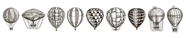 Balões de ar quente vintage. Transporte retro voador bonito para férias de verão. Esboço desenhado à mão gravado . —  Vetores de Stock