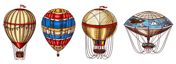 Heißluftballons. Vektorretro fliegende Luftschiffe mit dekorativen Elementen. Vorlage Transport für romantisches Logo. handgezeichnete gestochene Vintage-Skizze. — Stockvektor