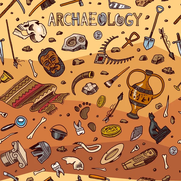 Archeology sömlösa mönster. Verktyg och vetenskap utrustning, artefakter i vintage stil. Utgrävd fossil och gamla ben på en orange bakgrund. Handritad Doodle skiss. — Stock vektor