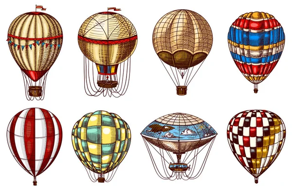 Oldtimer-Heißluftballons. Netter fliegender Retro-Transport für die Sommerferien. gravierte handgezeichnete Skizze. — Stockvektor