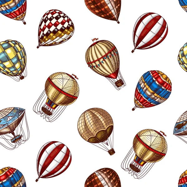 Globos de aire caliente patrón sin costura. Vector retro dirigibles voladores. Plantilla de transporte para fondo romántico. Dibujo vintage grabado a mano . — Archivo Imágenes Vectoriales