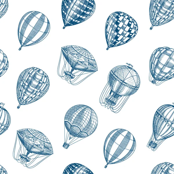 Heißluftballons nahtlose Muster. Vektor-Retro fliegende Luftschiffe. Vorlage Transport für romantischen Hintergrund. handgezeichnete gestochene Vintage-Skizze. — Stockvektor