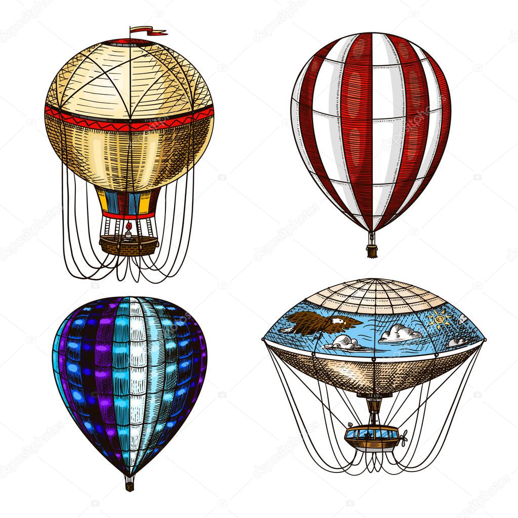 Hot Air Balloons. Vector retro flying airships with decorative elements. Template transport for Romantic logo. Hand drawn Engraved vintage sketch.
