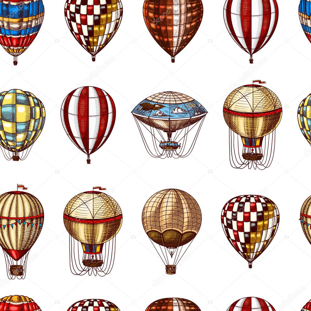 Hot Air Balloons seamless pattern. Vector retro flying airships. Template transport for Romantic background. Hand drawn Engraved vintage sketch.