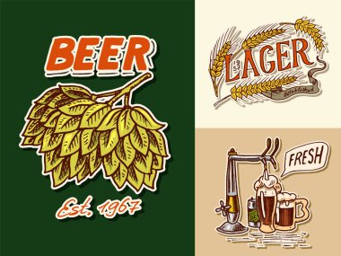 Vintage bira rozeti. Yeşil Şerbetçiotu, Çavdar ve buğday, Fıçı ve vinç. Kaligrafik elemanlarla etiket. Poster için klasik Amerikan çerçevesi. Şerefe kadeh kaldır. Pub menüsü için elle çizilmiş oyma çizim yazısı.