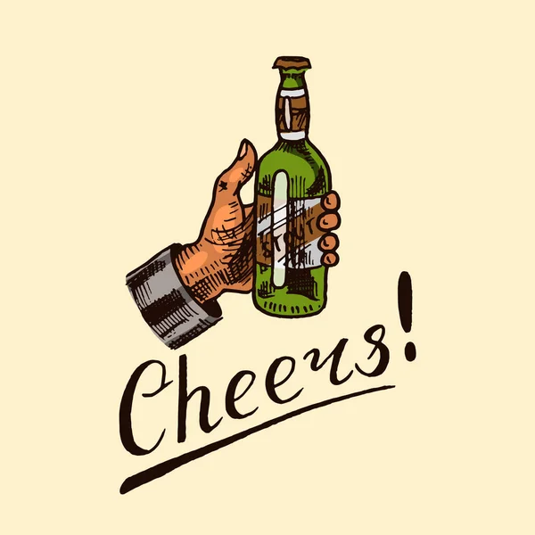 一瓶啤酒，上面写着"干杯"。模板标志或标志，海报上刻有书法铭文。雕刻素描。复古背景，复古旗帜. — 图库矢量图片