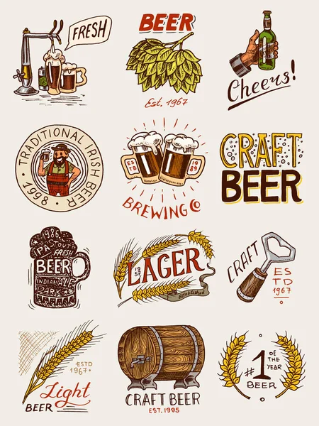 Flasche Bier in der Hand mit der Aufschrift Prost anstoßen. Roggen und Weizen. Vintage-Etiketten und Plaketten für Poster. Handgezeichnete gestochene Skizze für Kneipenmenü. — Stockvektor